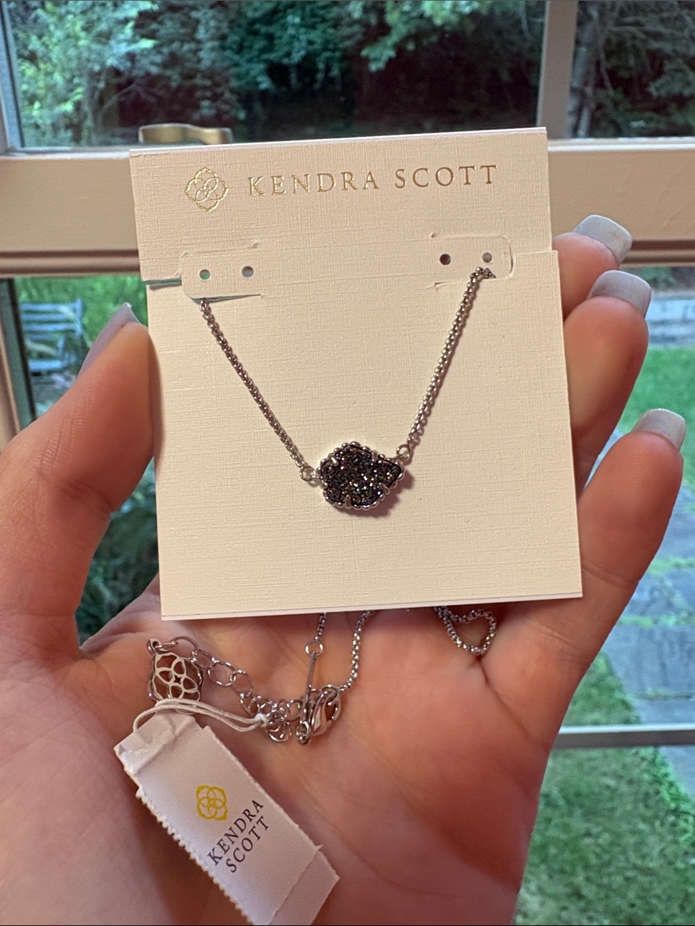 Kendra Scott Silver Tone Necklace with Black Sparkle Druzy NWT